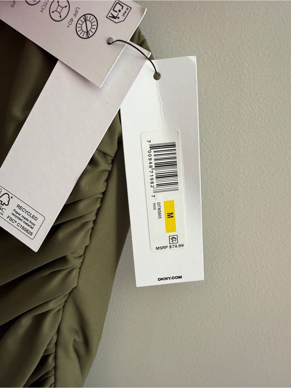 DKNY Olive Green Ruched One-Piece Swimsuit NWT Medium Strapless Tummy Control - Picture 6 of 9